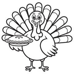 Autumn Turkey Surrounded by Falling Leaves and Pumpkins – Cute Line Art Illustration for Thanksgiving Coloring Books and Decor