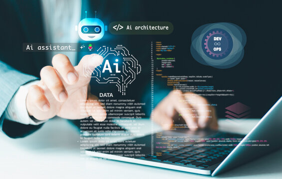 Ai architecture concept. Businessmen use agentic AI assistants, Artificial Intelligence, Development tools, Operations programming technology, DevOps software development, code management, testing