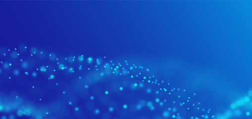Wave of blue particles. Abstract technology flow background. Sound mesh pattern or grid landscape. Digital data structure consist dot elements. Future vector illustration.