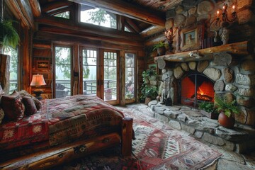 Inviting luxury cabin bedroom interior with warm fireplace and rustic log architecture offers very cozy mountain retreat perfect experience. virtual background concept.