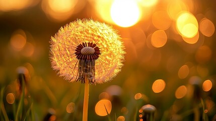 Dandelion seed head at sunset. Warm golden light