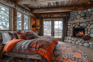 Fototapeta premium Cozy luxury cabin bedroom features rustic wood walls, inviting stone fireplace, warm bedding, and snowy winter views for ultimate relaxation and escape. virtual background concept.
