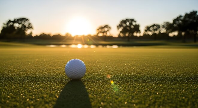 Close up of a golf ball on the tee box with the sun setting behind it casting long shadows across the green grass on a beautiful golf course at dusk