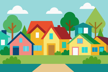 Fototapeta premium Colorful cartoon houses in a suburban neighborhood with trees and clouds