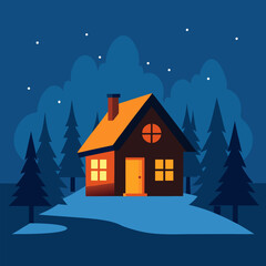 Cozy winter cabin nestled in a snowy forest glade, with a warm glow emanating from its windows vector landscape background.