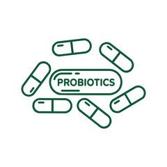 Probiotic capsules pack icon in minimal outline style, suitable for medical, supplement, or health-related visuals.