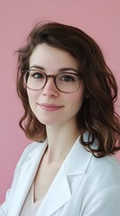 Obraz premium Smiling Caucasian woman in a white lab coat against a pink background.