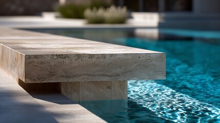 Close-up of a modern swimming pool with travertine bench and shimmering water