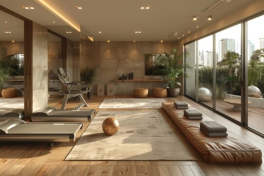 Modern luxury home gym fitness studio interior with workout equipment and serene urban city view balcony space perfect for health and wellness lifestyle. virtual background concept. - Powered by Adobe