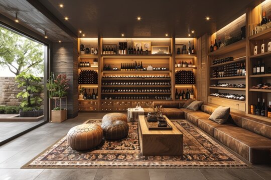 Luxurious modern home wine cellar lounge interior design with elegant leather furniture and premium bottle collection. virtual background concept.