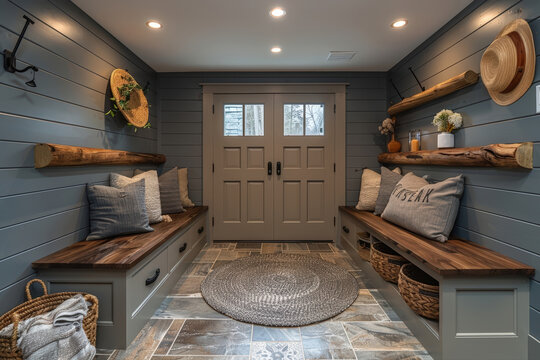 Cozy mudroom interior design featuring welcoming entryway with functional storage bench and rustic shiplap wood wall decor for modern home space. virtual background concept.