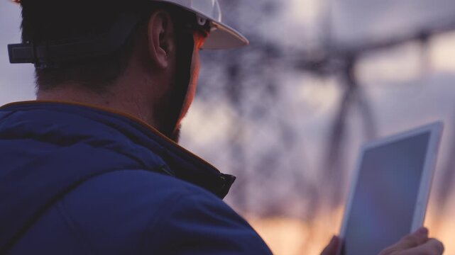 An electrician with a tablet works by a high-voltage tower at sunset in the sky, high-voltage electrical networks, electrical voltage installations, uniform current distribution, transmission towers.