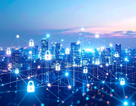 Cityscape with network connections and security locks overlay, representing digital protection and - Powered by Adobe