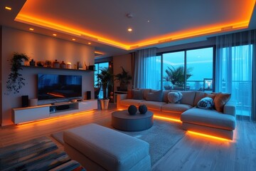 Modern luxury living room interior with captivating warm led lighting and cool urban night ambiance creating cozy and stylish domestic home space. virtual background concept.