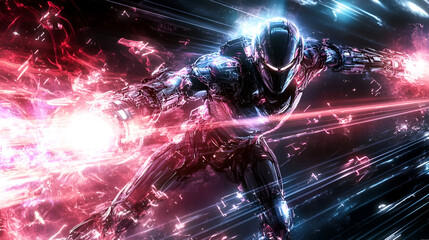 Robotic figure in armor projects energy in a cosmic setting