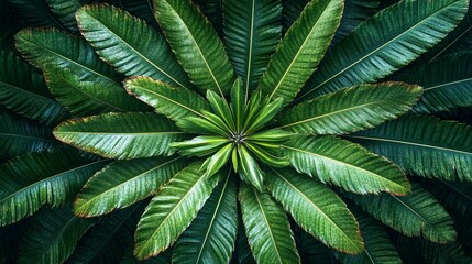 Detailed close-up of a symmetrical plant with vibrant green leaves radiating outwards