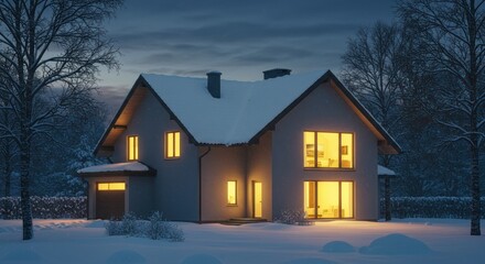 House with lights on at night surrounded by snow and trees.
