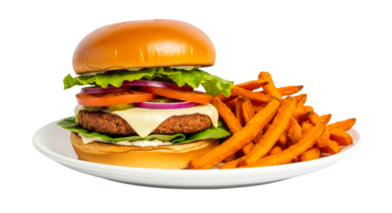 delicious veggie burger meal plantbased patty sweet potato fries
