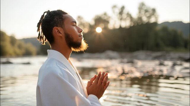 Young man wearing a white keikogi meditates by a peace at sunset, finding river and balance in nature video 4k