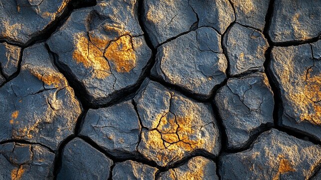 Dried, cracked earth, patterned texture with golden highlights