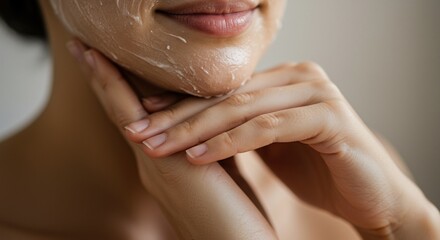 Closeup of a persons lower face and hands with white cream applied to the chin and jawline fingers gently supporting the chin