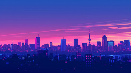 A minimalist skyline of a city at dusk, using only five gradient-colored vector shapes