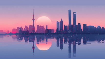A minimalist skyline of a city at dusk, using only five gradient-colored vector shapes