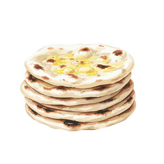 Stack of Naans/ breads on a White Background- Watercolour Art