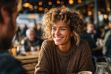 Two People Conversing at Caf&eacute; Table in Warmly Lit Social Setting
