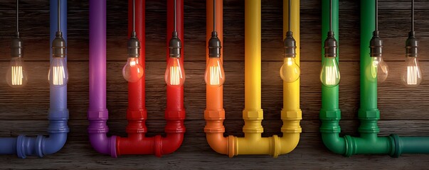 3d render of colorful pipes and glowing light bulbs on a wooden background, rainbow color scheme, top view, industrial style.