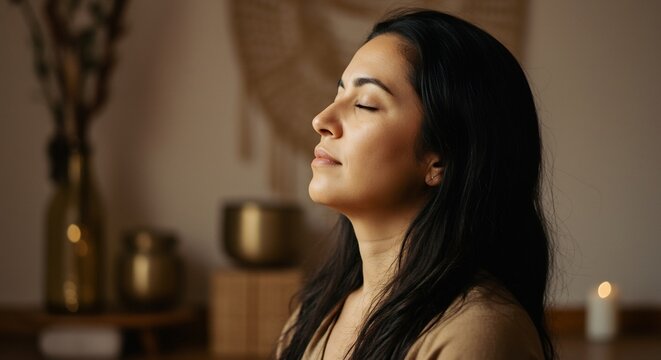 Closeup of a woman with dark hair and eyes closed meditating in a calm softly lit indoor setting