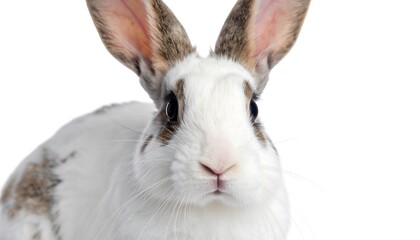 Obraz premium Close-up of a white and brown spotted rabbit with alert expression against clean background