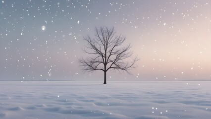 Lonely Snow Tree in Serene Winter Landscape

