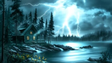 Lonely wooden cabin near stormy lake surrounded by dark pine forest, powerful lightning striking dramatic night sky with glowing reflections on water. Nature landscape concept - Powered by Adobe