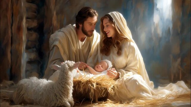 Newborn jesus nestled nearby, manger, parents gazing adoringly, gentle lambs in soft light illuminating humble stable's sacred moment video 4k