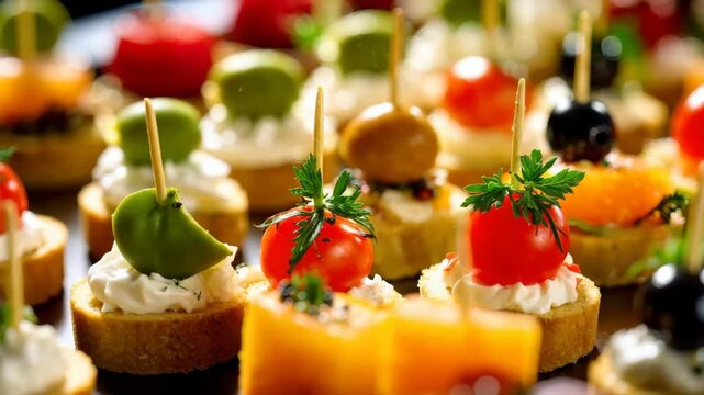 Delicious canapes decorated with cherry tomatoes, olives and herbs displayed on a table for a party.