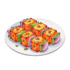 Paneer Tikka on a plate on a White Background- Watercolour Art