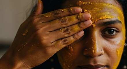 Closeup of person with yellow face mask hand over forehead one eye visible nose ring