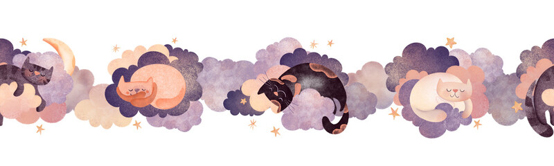 Hand-drawn seamless border with cute cats sleeping on clouds, moon, and stars. Perfect for kids' decor, nursery art, greeting cards. Ideal for scrapbooking, party invites, whimsical fabric designs