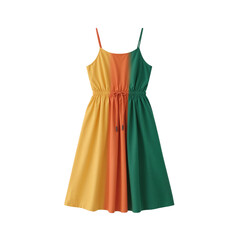 Whimsical color block dress with adjustable straps against a transparent backdrop creating a