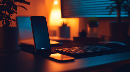 frameless iPhone on night desk setup with backlight keyboard and dark mode UI, cozy tech workspace