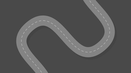 Road traffic theme background. Winding gray road with dashed white center lines on a dark background