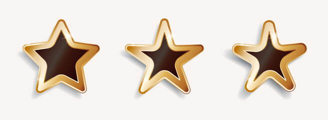 Stars golden decorations and stickers, glossy quality indicators with black glossy black inside, luxury elements, celebrations decoration, rating star set. Vector illustration.