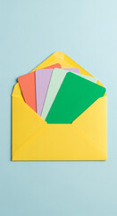 Yellow envelope with colorful cards inside on a light-blue background, showcasing a minimalist design concept ideal for message, invitation or announcement mockups