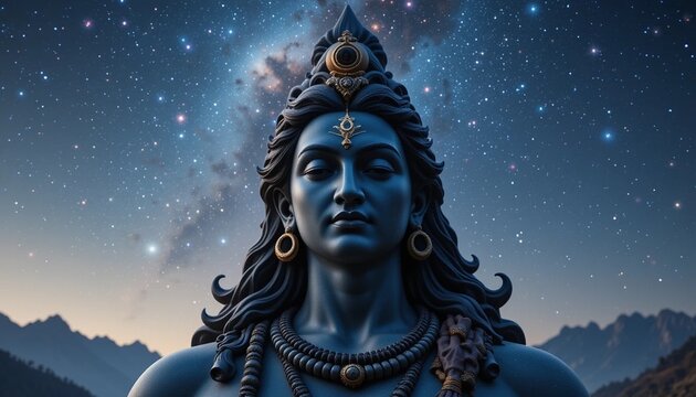 A majestic blue statue of the Hindu deity Shiva with his third eye, set against a cosmic, starry night sky.