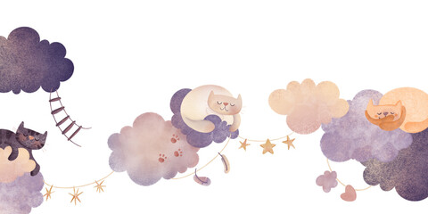 Hand-drawn digital illustration of a cute cats sleeping on soft clouds with a crescent moon, stars, ladders. Watercolor texture, perfect for children's books, nursery decor, greeting cards, isolated
