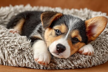 Corgi puppy resting in a fluffy bed looking at the camera