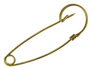 Vintage homemade safety pin made of brass isolated on a transparent background. Full depth of field. PNG.