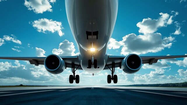 An airplane moves along the runway, ready to take off, with the sun shining brightly overhead amidst scattered clouds