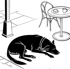 Sleeping Dog at Outdoor Cafe - Urban Tranquility Scene